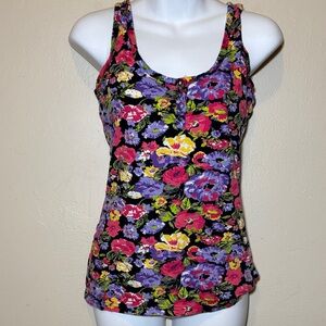 OP Black Floral Scoop Tank with Pink & Purple Flowers